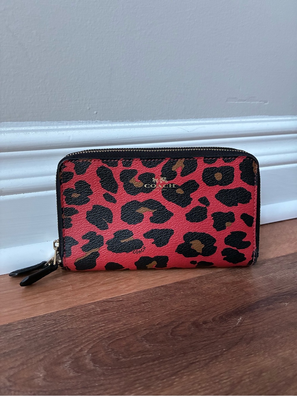 Coach Double Zip Wallet In Red Leopard Print Coated Canvas